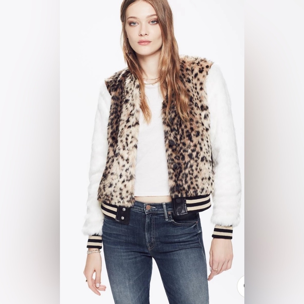 MOTHER Baseball Snap Spot Me faux fur jkt w strch knit hem & cuffs SZ M